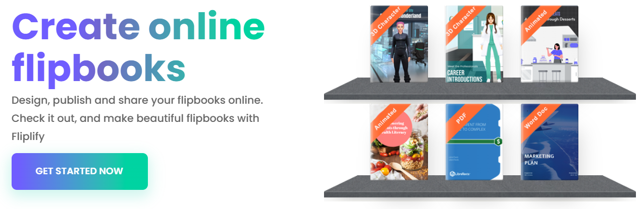 Fliplify banner promoting online flipbook creation with diverse digital content examples on shelves.