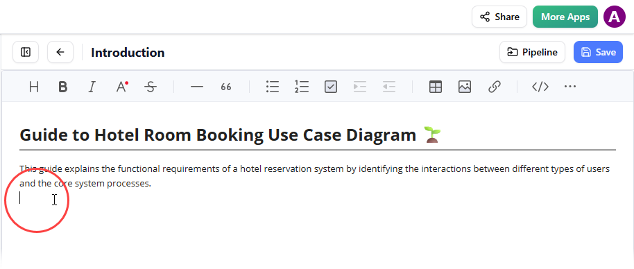 OpenDocs document editor cursor positioned to insert a diagram from the Pipeline sidebar.