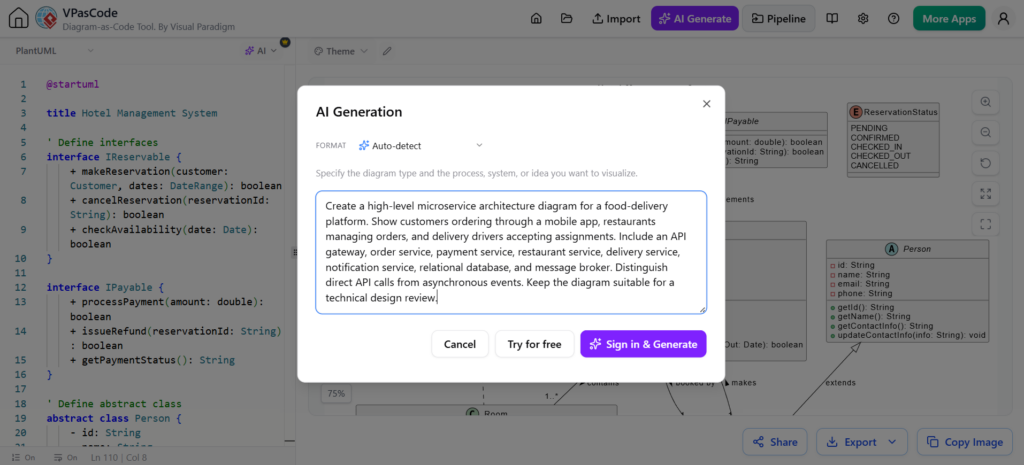 PlantUML AI Generation dialog prompts microservice architecture design
