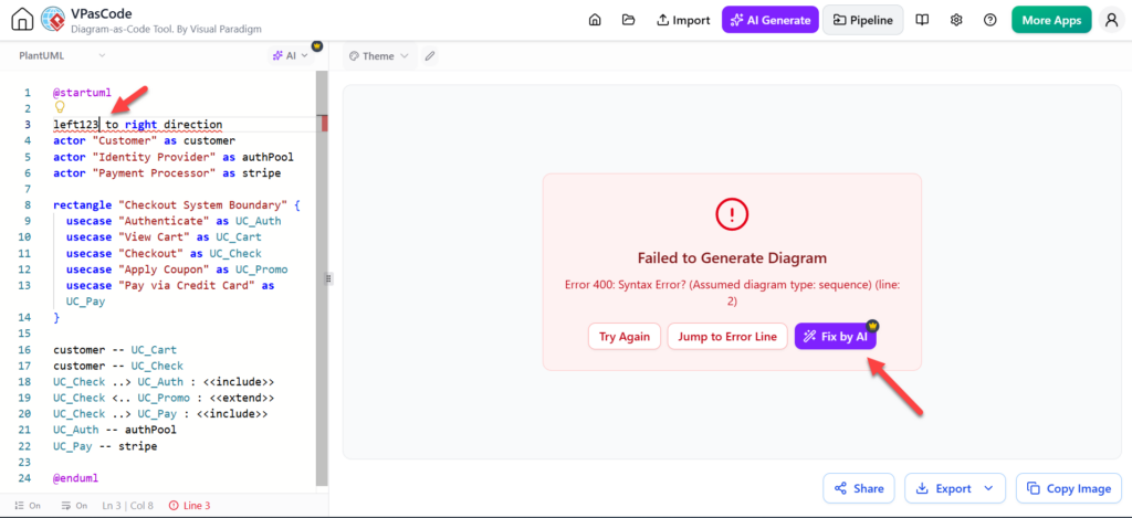 Mastering VPasCode: AI Fixes PlantUML Syntax in Visual Paradigm Mastering VPasCode: AI Fixes PlantUML Syntax in Visual Paradigm