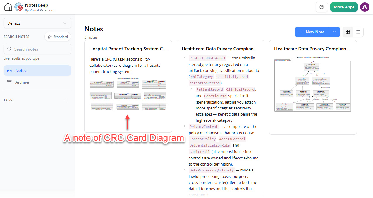 Keeping the CRC Card Diagram as a note in Visual Paradigm NotesKeep