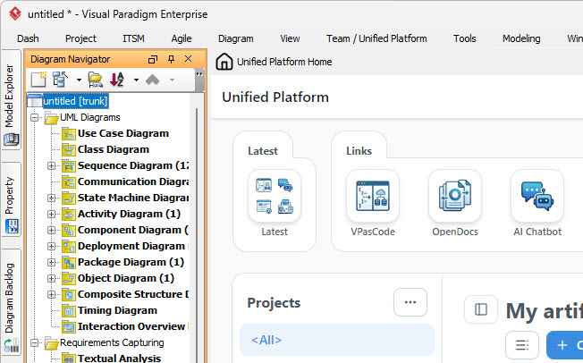 Image showing the Visual Paradigm Desktop UI with an embedded browser window displaying the Unified Platform.