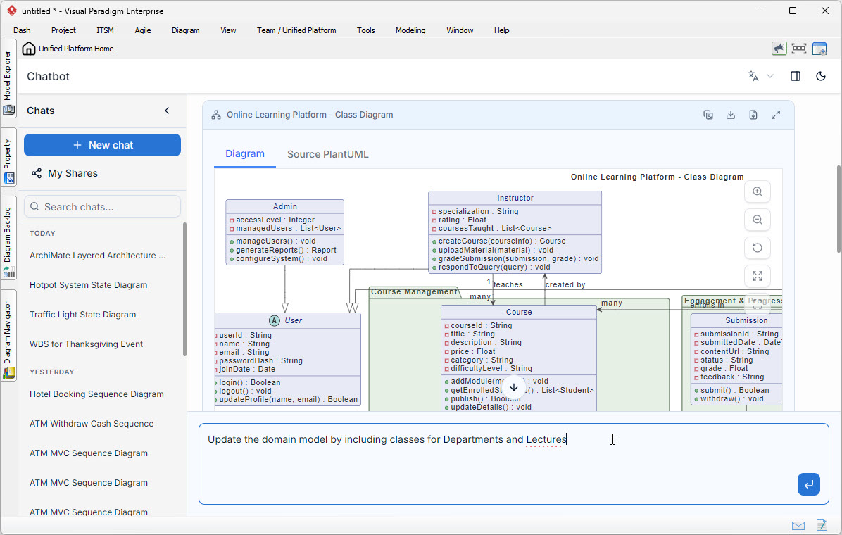 Screenshot of the AI Diagramming Chatbot interface, generating a UML diagram.