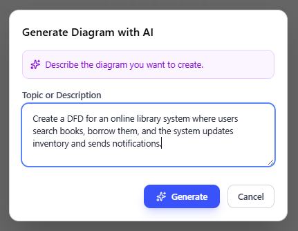 Entered an AI prompt to generate a DFD in OpenDocs