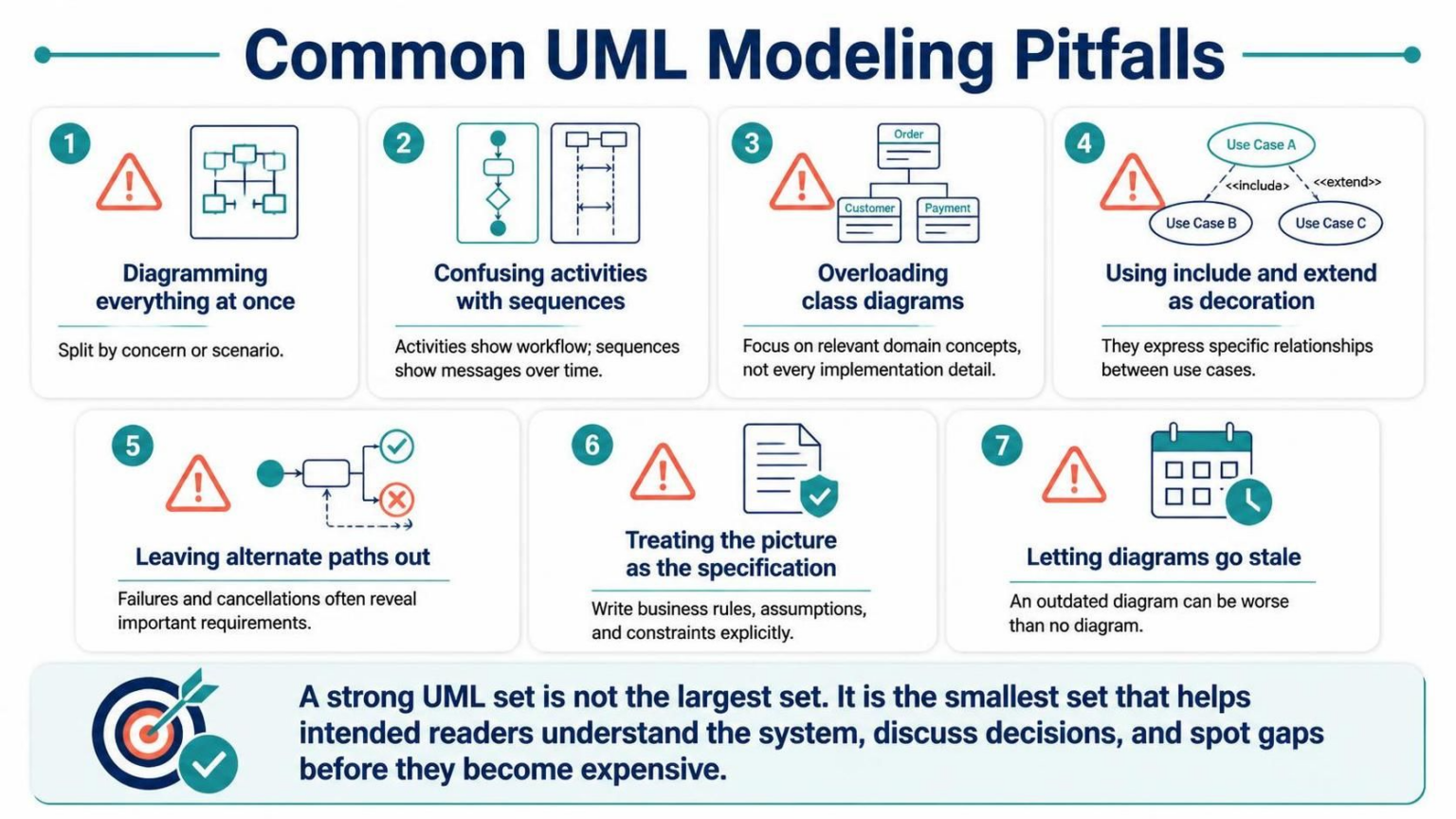 Common UML modeling pitfalls infographic showing seven diagramming mistakes Common UML modeling pitfalls infographic showing seven diagramming mistakes